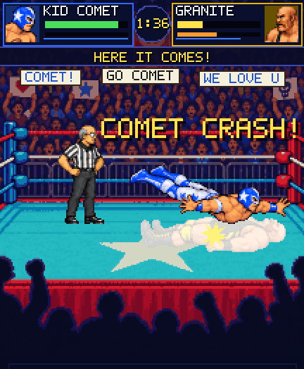 A flying finisher lands in the ring.