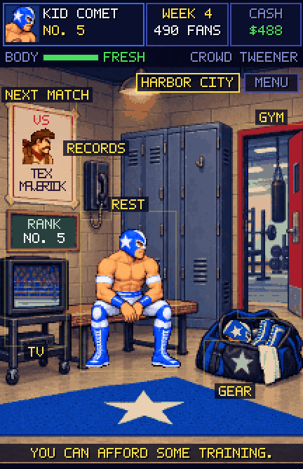 The locker room: train, rest, cut a promo or book the next match.